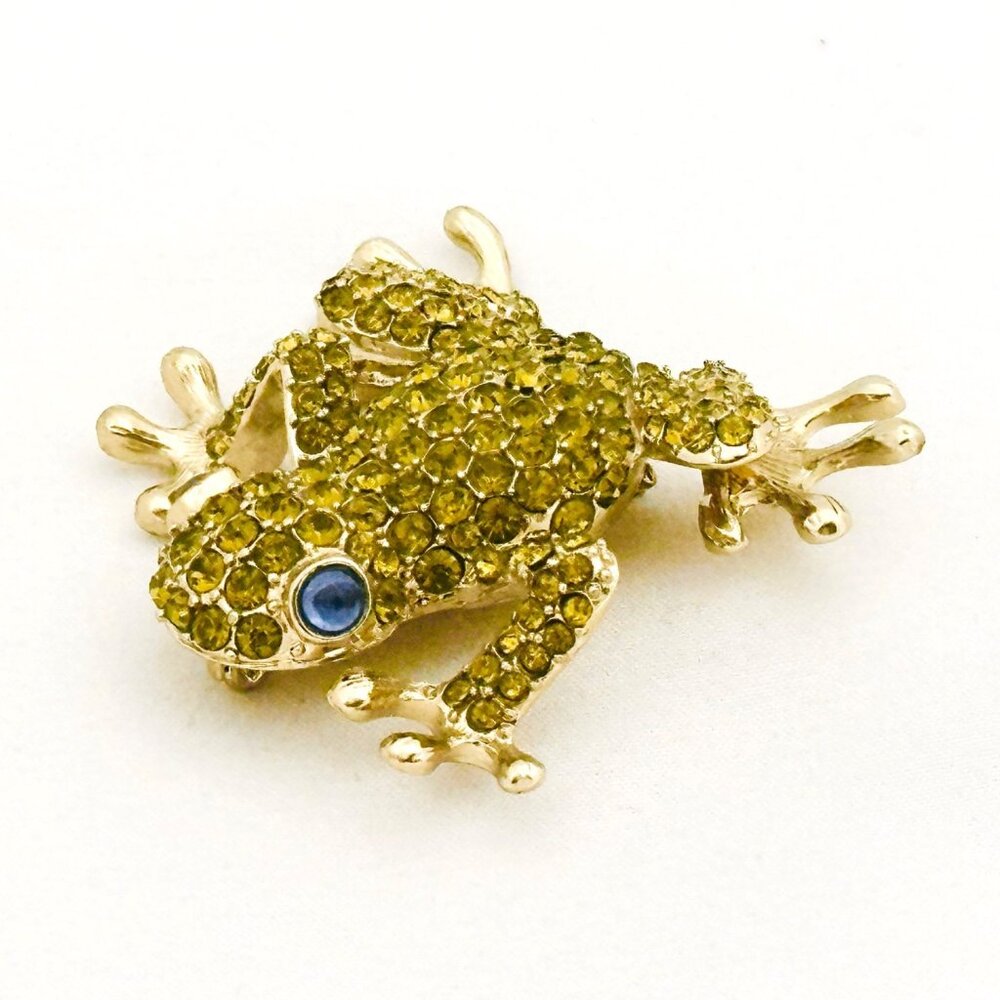 Pet Friends Gold Tone Frog Brooch Pin With Blue Eyes